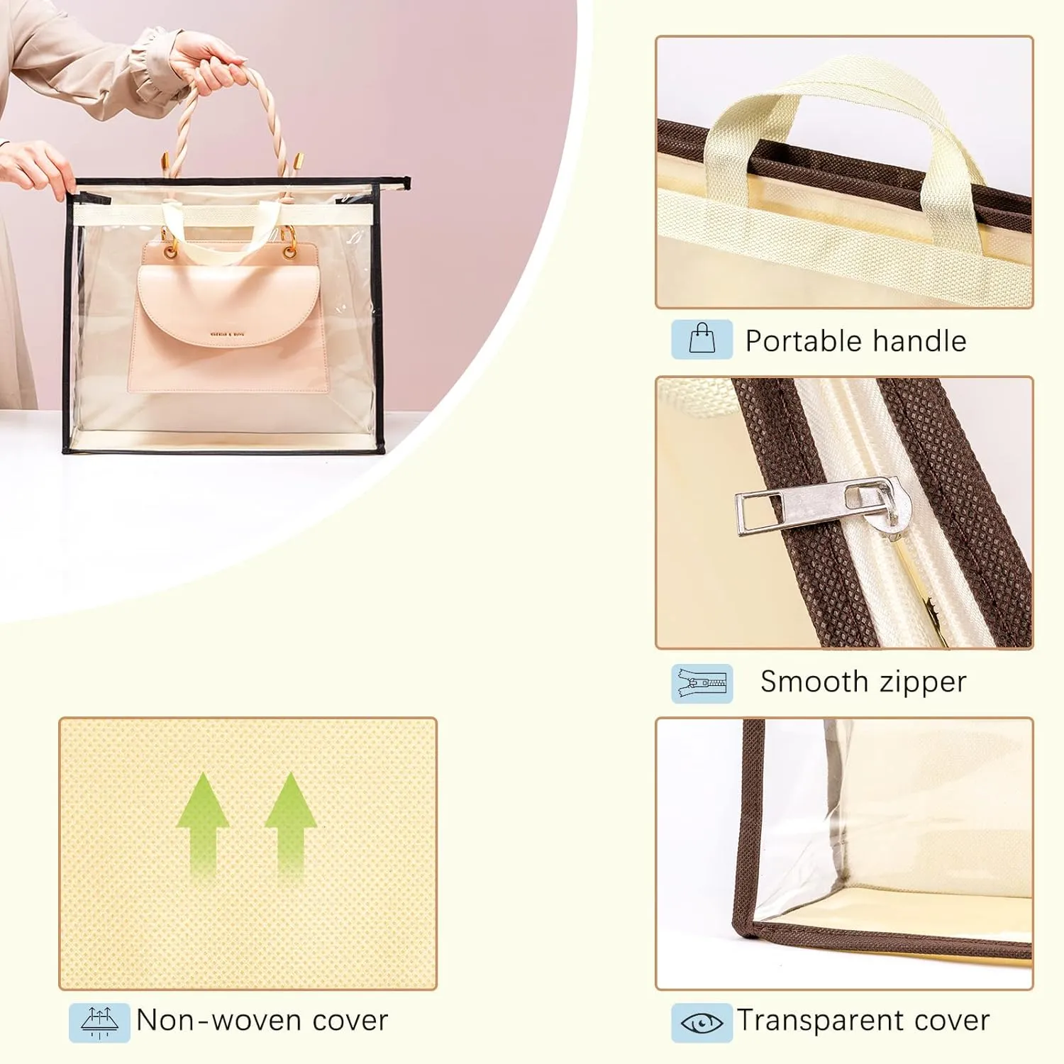 CINPIUK 10 Set Handbag Storage Organizer Dust Bags for Purses Handbags Closet, Clear Purse Protector Storage Bag Dust Cover for Bags, Closet Organizer for Handbags with Hooks