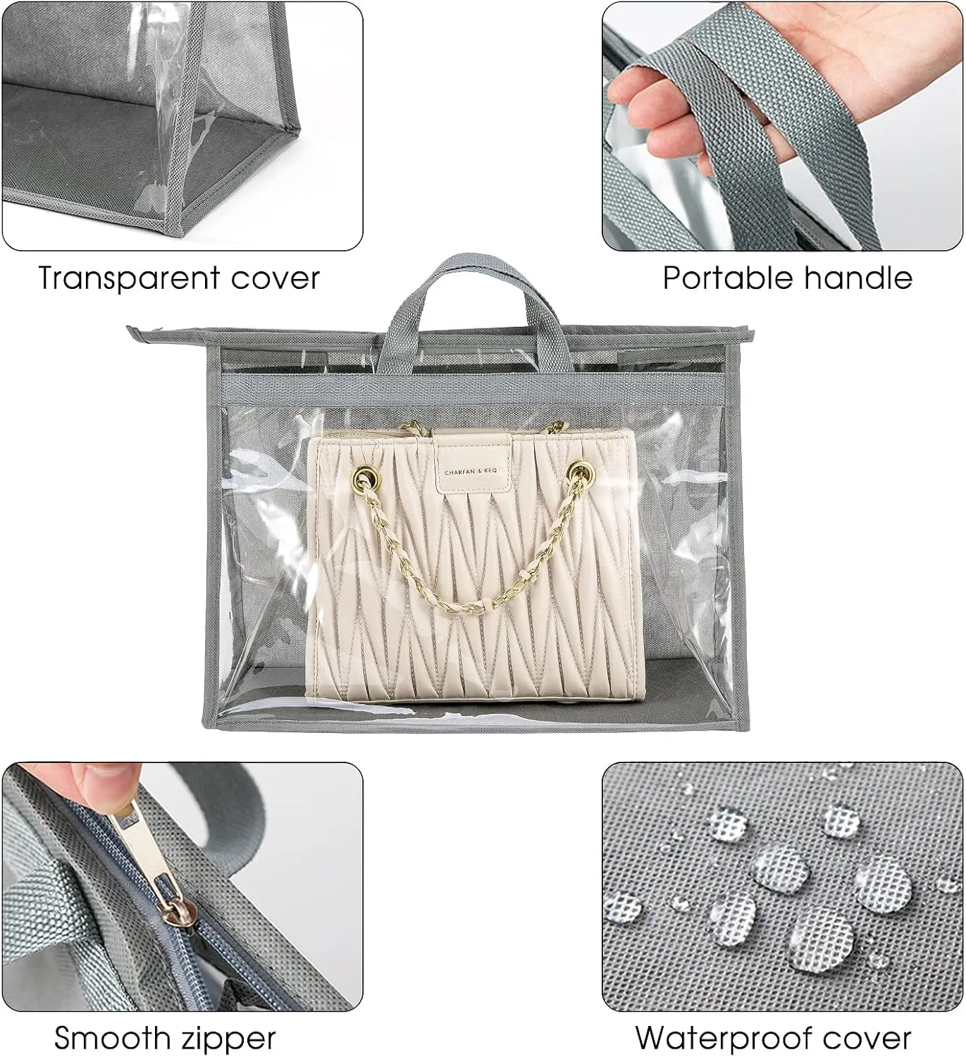 CINPIUK 4 Pack Handbag Dust Bags Clear Purse Storage Organizer for Closet, Zipper Hanging Storage Bag for Handbags, Grey