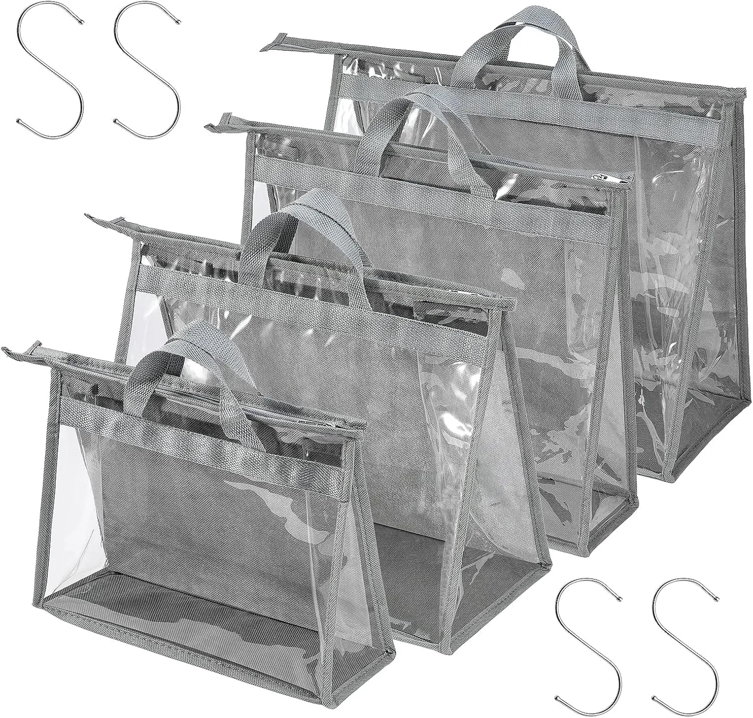 CINPIUK 4 Pack Handbag Dust Bags Clear Purse Storage Organizer for Closet, Zipper Hanging Storage Bag for Handbags, Grey