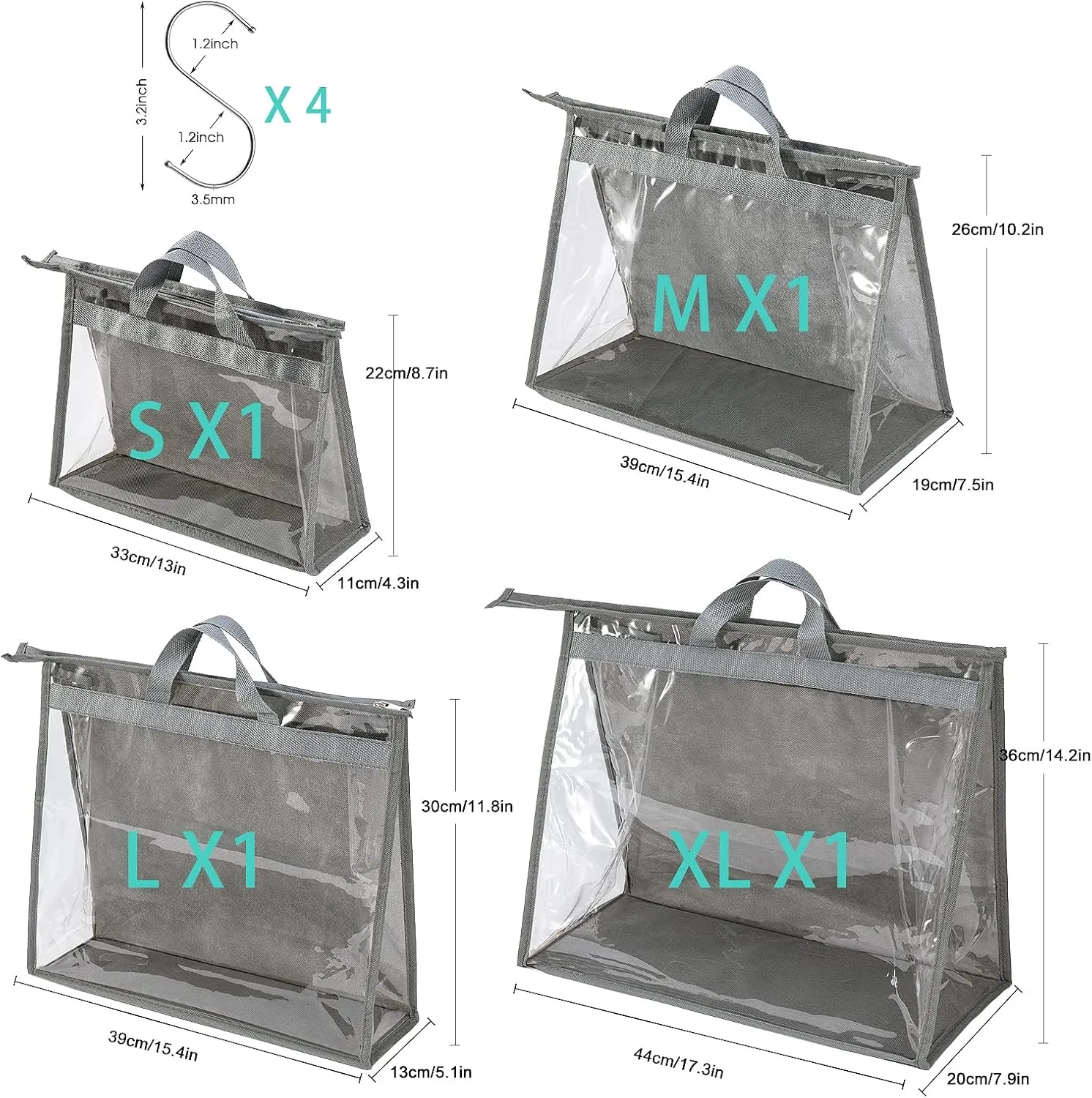 CINPIUK 4 Pack Handbag Dust Bags Clear Purse Storage Organizer for Closet, Zipper Hanging Storage Bag for Handbags, Grey