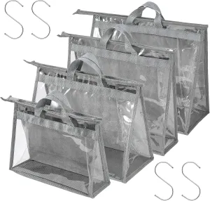 CINPIUK 4 Pack Handbag Dust Bags Clear Purse Storage Organizer for Closet, Zipper Hanging Storage Bag for Handbags, Grey