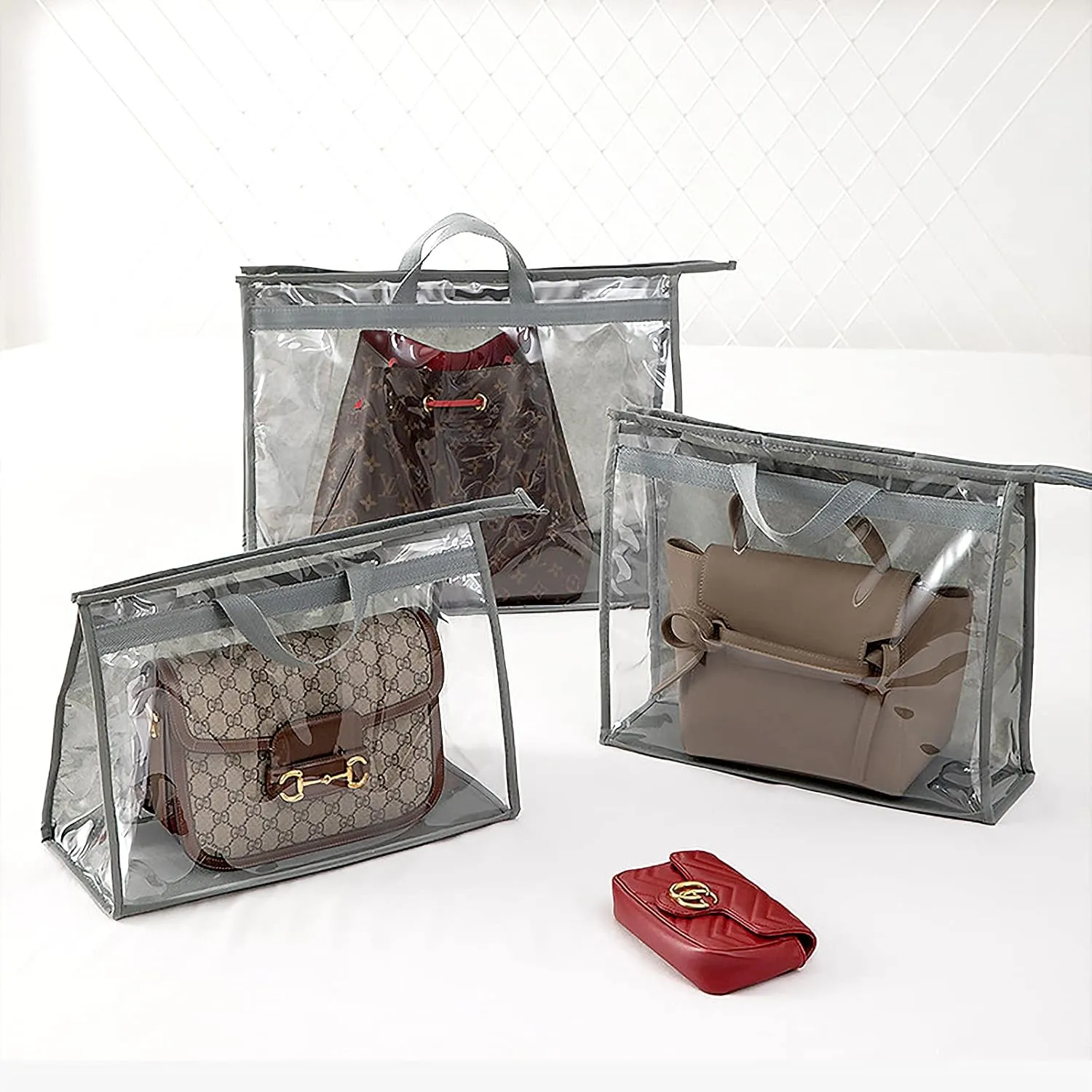 CINPIUK 4 Pack Handbag Dust Bags Clear Purse Storage Organizer for Closet, Zipper Hanging Storage Bag for Handbags, Grey