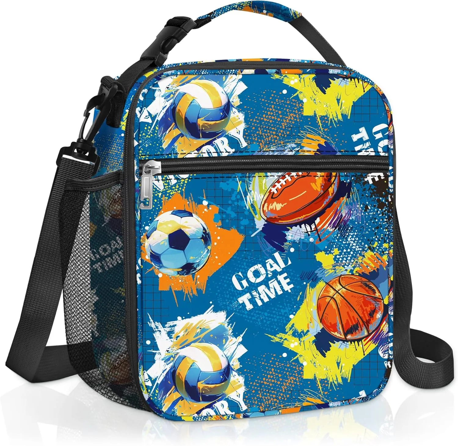 Clastyle Sport Ball Insulated Kids Lunch Bag Large Thermal Cooler Bag for Boy Blue Picnic School Lunch Box Tote, Blue Rugby