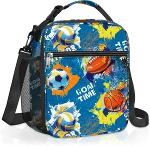 Clastyle Sport Ball Insulated Kids Lunch Bag Large Thermal Cooler Bag for Boy Blue Picnic School Lunch Box Tote, Blue Rugby