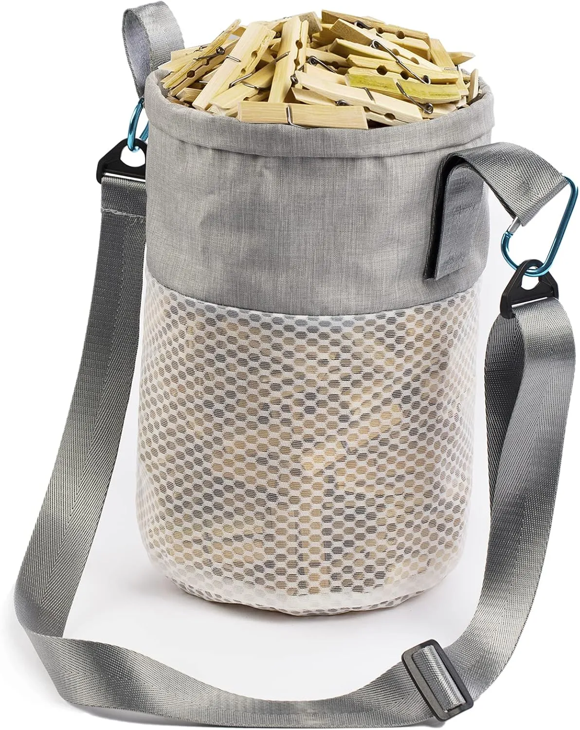 Clothespin Bag for Clothesline Outdoor, Clothes Pin Bag with Shoulder Straps, Drawstring Closure, Ventilated and Moisture Resistant, Large Capacity Laundry Clothespin Storage with Hook