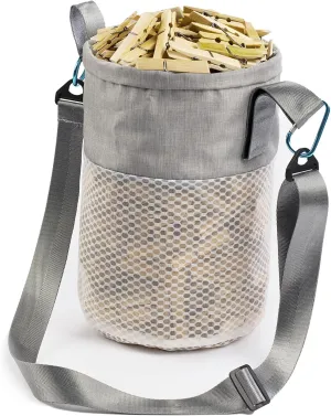 Clothespin Bag for Clothesline Outdoor, Clothes Pin Bag with Shoulder Straps, Drawstring Closure, Ventilated and Moisture Resistant, Large Capacity Laundry Clothespin Storage with Hook