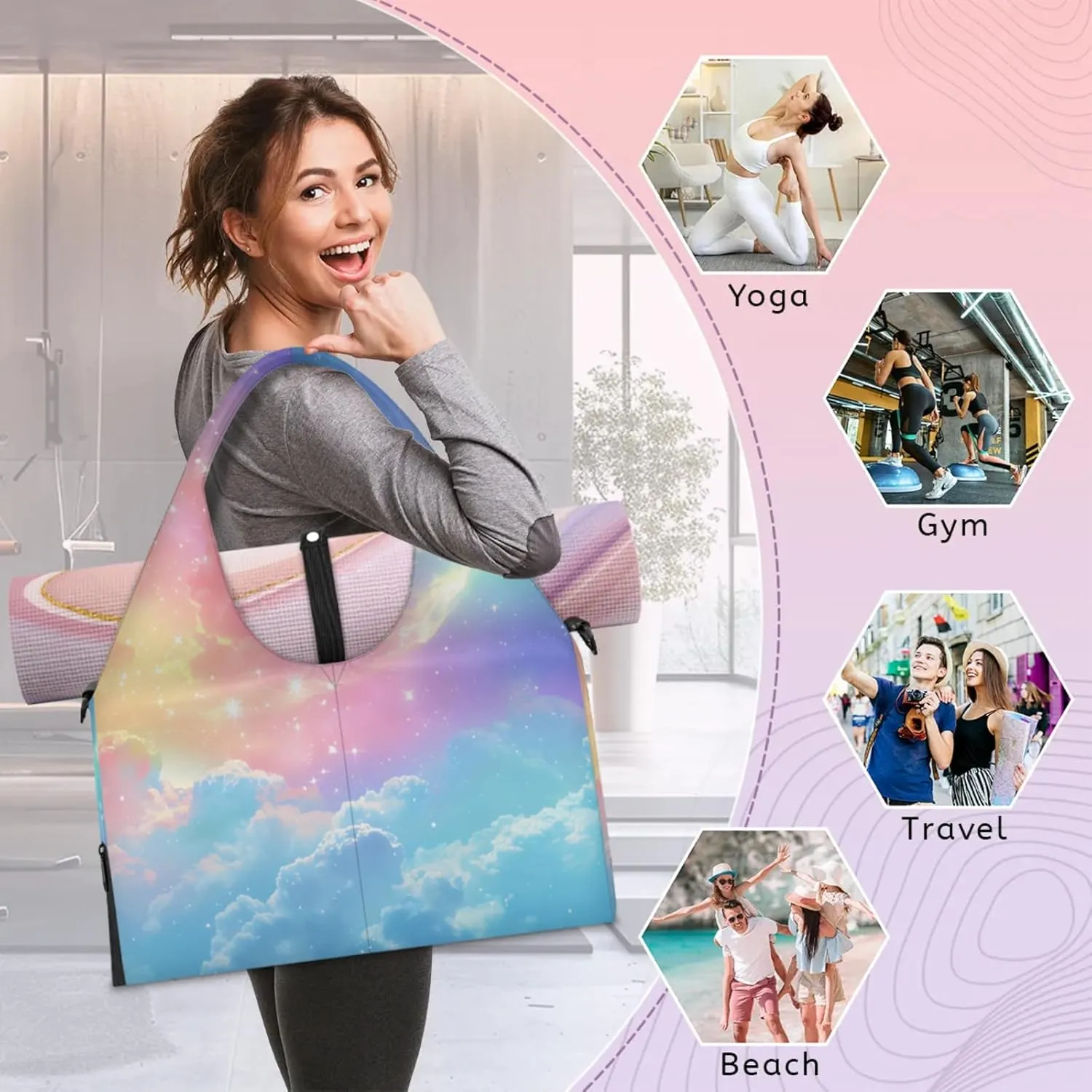 Clouds Paper Gym Bag Yoga Mat Tote for Women with Shoes Compartment Lightweight Duffle Travel Carrier Wet Dry Storage Pockets Adjustable Pilates Mats Shoulder Bags for Sport Swim