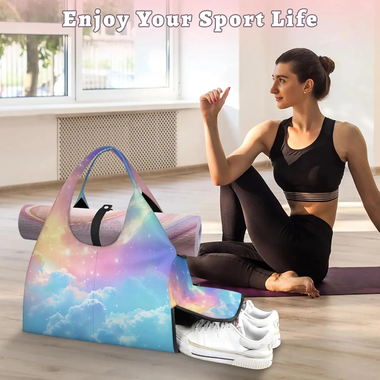 Clouds Paper Gym Bag Yoga Mat Tote for Women with Shoes Compartment Lightweight Duffle Travel Carrier Wet Dry Storage Pockets Adjustable Pilates Mats Shoulder Bags for Sport Swim