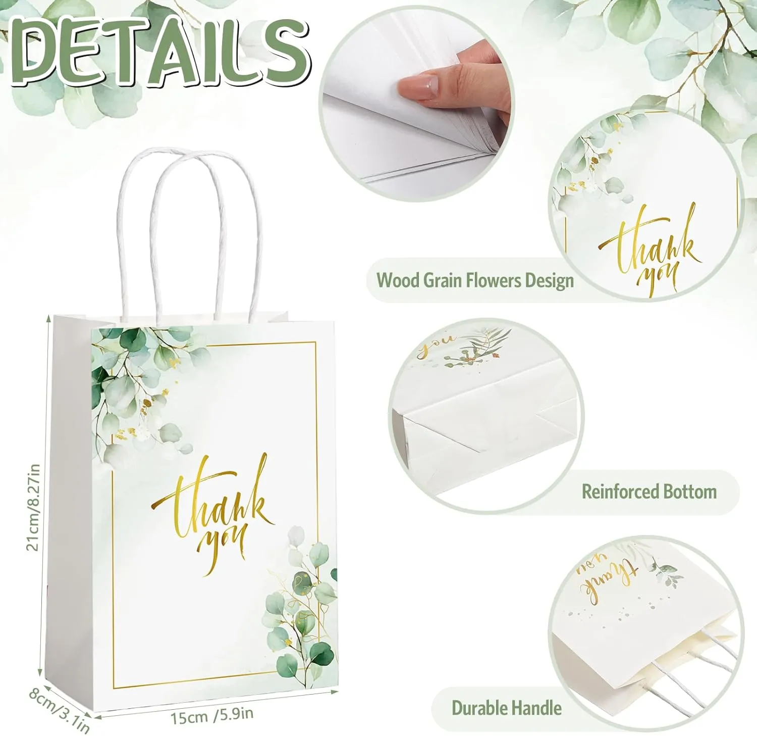 Colarr 60 Pack Thank You Gift Bags with Tissue Paper Gold Thank You Paper Bags with Handles Greenery Gift Pouches for Wedding Birthday Baby Shower Party Favor Supplies,8.2 x 5.9 x 3.1 Inch (Greenery)
