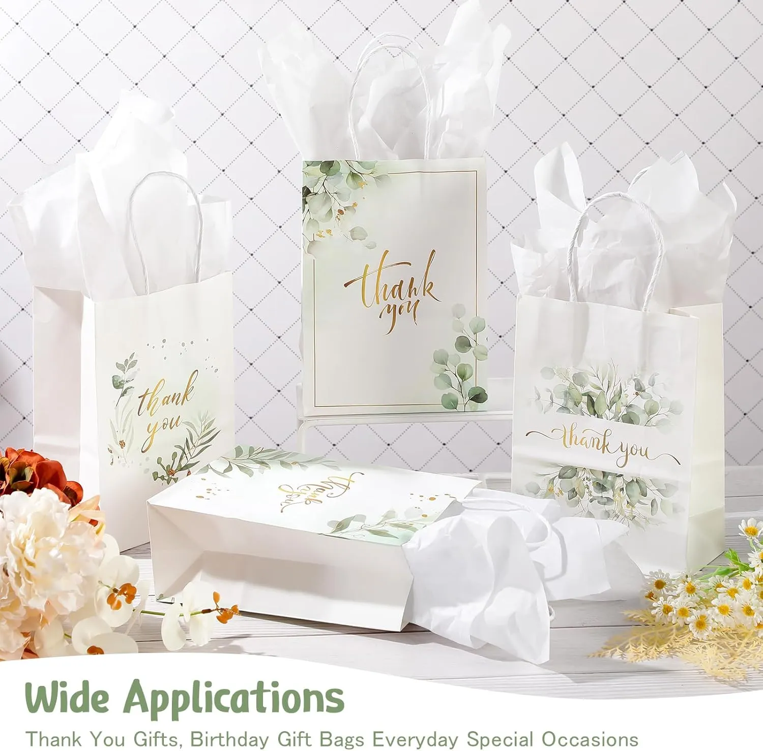 Colarr 60 Pack Thank You Gift Bags with Tissue Paper Gold Thank You Paper Bags with Handles Greenery Gift Pouches for Wedding Birthday Baby Shower Party Favor Supplies,8.2 x 5.9 x 3.1 Inch (Greenery)