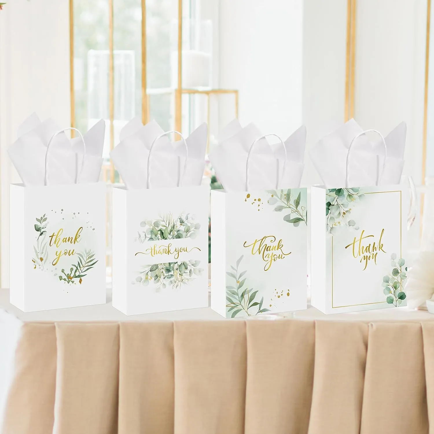 Colarr 60 Pack Thank You Gift Bags with Tissue Paper Gold Thank You Paper Bags with Handles Greenery Gift Pouches for Wedding Birthday Baby Shower Party Favor Supplies,8.2 x 5.9 x 3.1 Inch (Greenery)