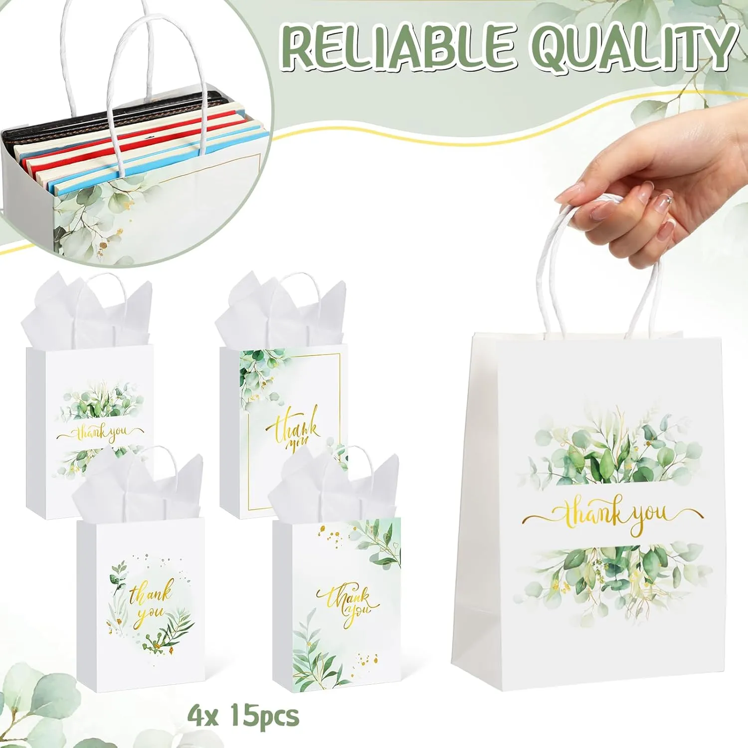 Colarr 60 Pack Thank You Gift Bags with Tissue Paper Gold Thank You Paper Bags with Handles Greenery Gift Pouches for Wedding Birthday Baby Shower Party Favor Supplies,8.2 x 5.9 x 3.1 Inch (Greenery)