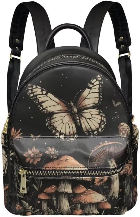 Coldinair Butterfly Mushroom Backpack for Women,Black Small Backpack Purse for Women Girls Teen,Mini Leather Backpack Purse Anti-theft Waterproof Shoulder Bag Handbag for Travel School