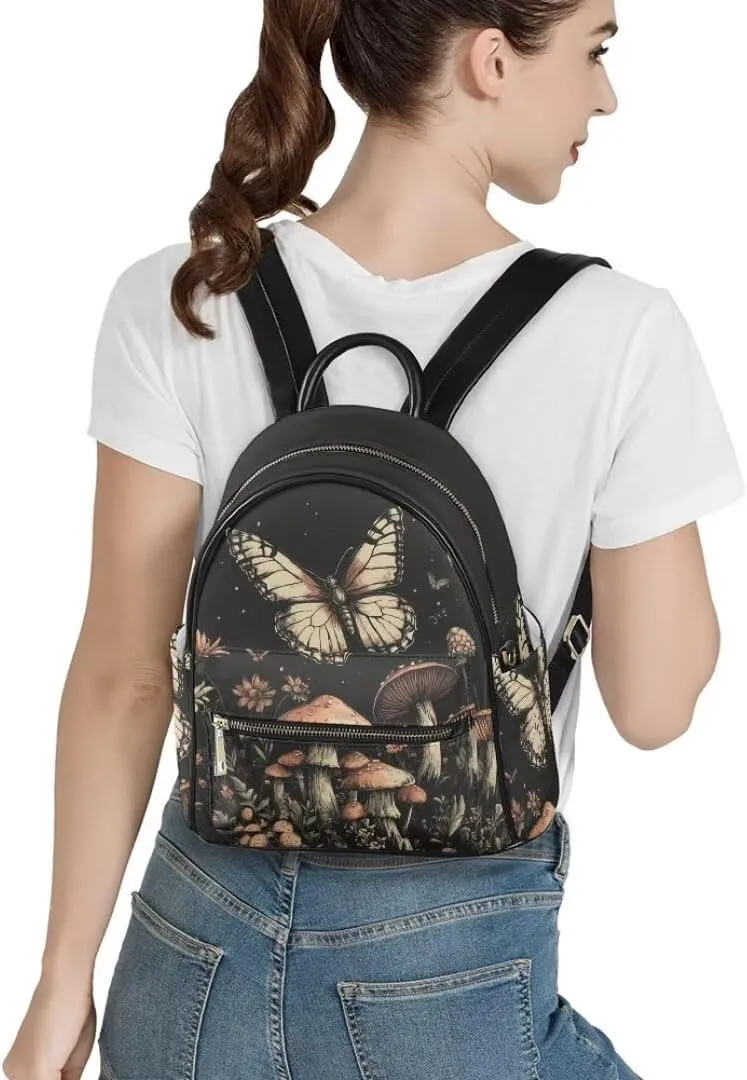 Coldinair Butterfly Mushroom Backpack for Women,Black Small Backpack Purse for Women Girls Teen,Mini Leather Backpack Purse Anti-theft Waterproof Shoulder Bag Handbag for Travel School