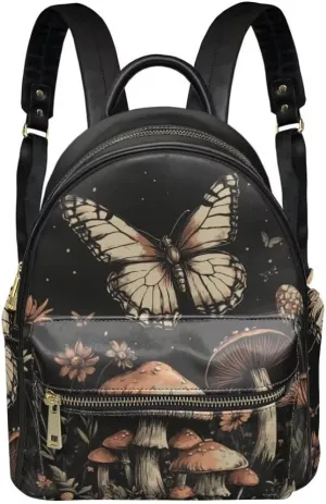 Coldinair Butterfly Mushroom Backpack for Women,Black Small Backpack Purse for Women Girls Teen,Mini Leather Backpack Purse Anti-theft Waterproof Shoulder Bag Handbag for Travel School