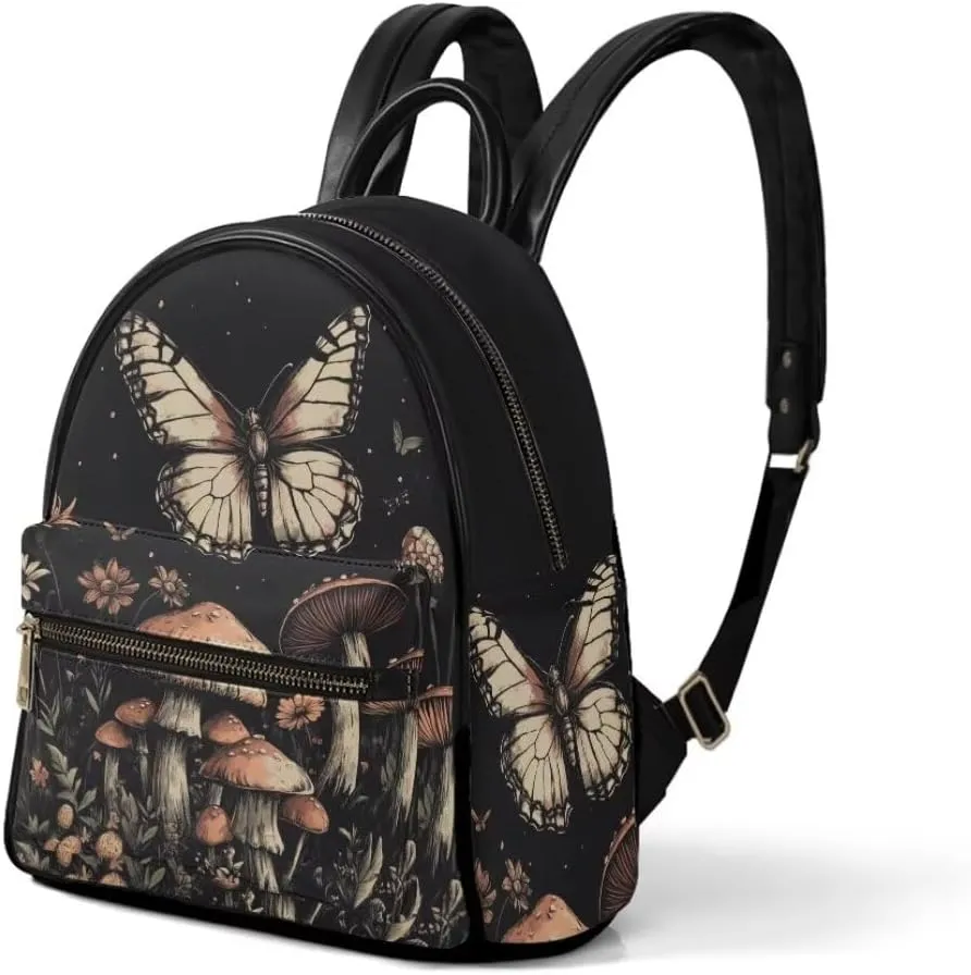 Coldinair Butterfly Mushroom Backpack for Women,Black Small Backpack Purse for Women Girls Teen,Mini Leather Backpack Purse Anti-theft Waterproof Shoulder Bag Handbag for Travel School