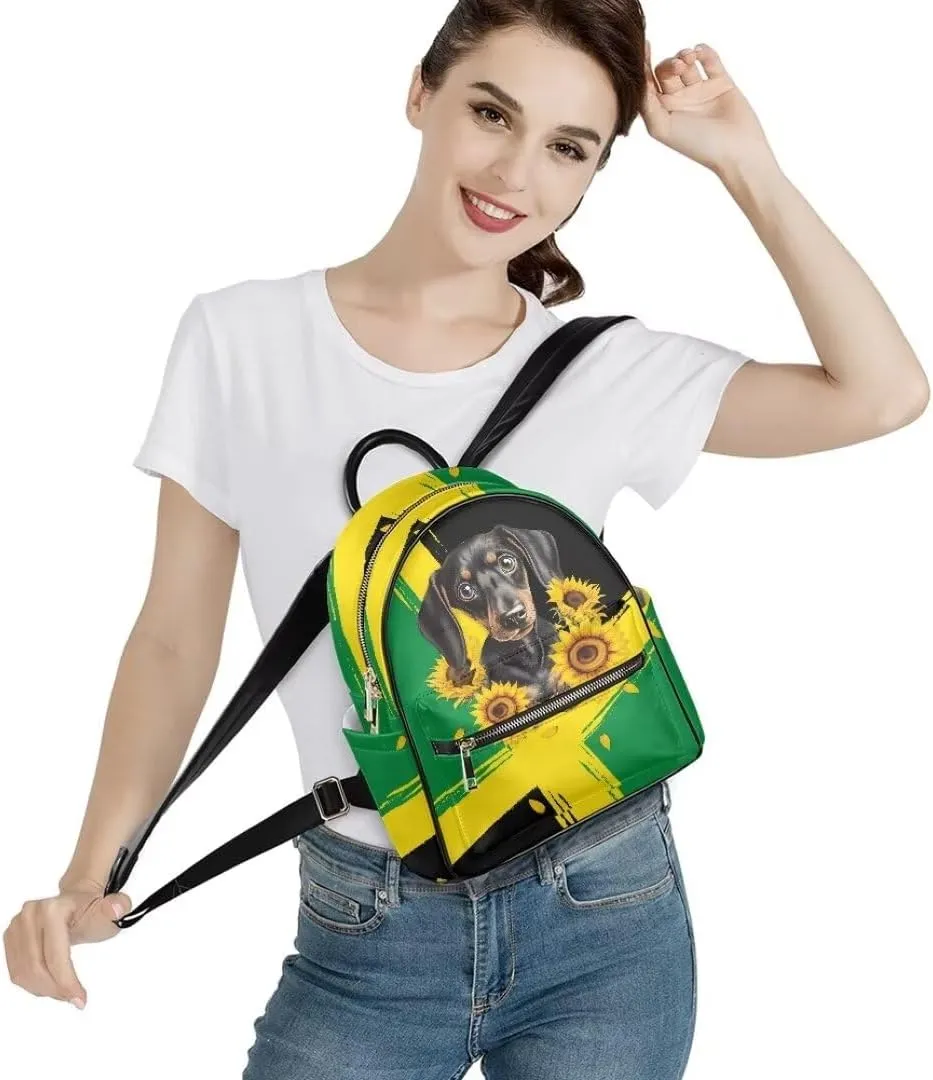 Coldinair Jamaica Flag Small Backpack for School Girls Boys Aesthetic Lightweight Travel Daypack Backpack PU Leather Shoulder Bag Top Handle Dachshund Print Mini Backpack with Multiple Pockets