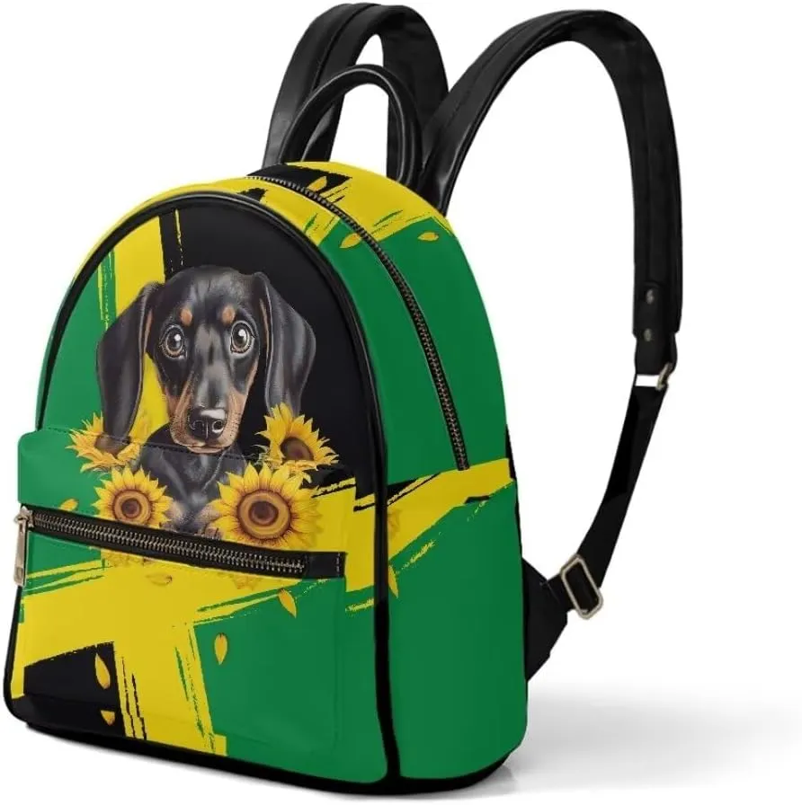 Coldinair Jamaica Flag Small Backpack for School Girls Boys Aesthetic Lightweight Travel Daypack Backpack PU Leather Shoulder Bag Top Handle Dachshund Print Mini Backpack with Multiple Pockets