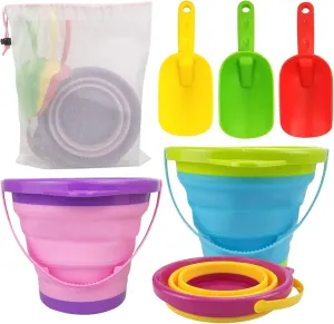 Collapsible Beach Pail Bucket, 3pcs Fordable Sand Buckets and Shovels with Mesh Bag Collapsible Sand Toys for Beach Party Favors for Kids for Beach Camping Travelling