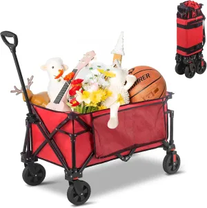Collapsible Folding Wagon Cart, 220LBS Heavy Duty Foldable Utility Garden Cart with All Terrain Wheels & Side Storage Bag, Portable Sports Wagon for Camping, Shopping, Garden. (Red)