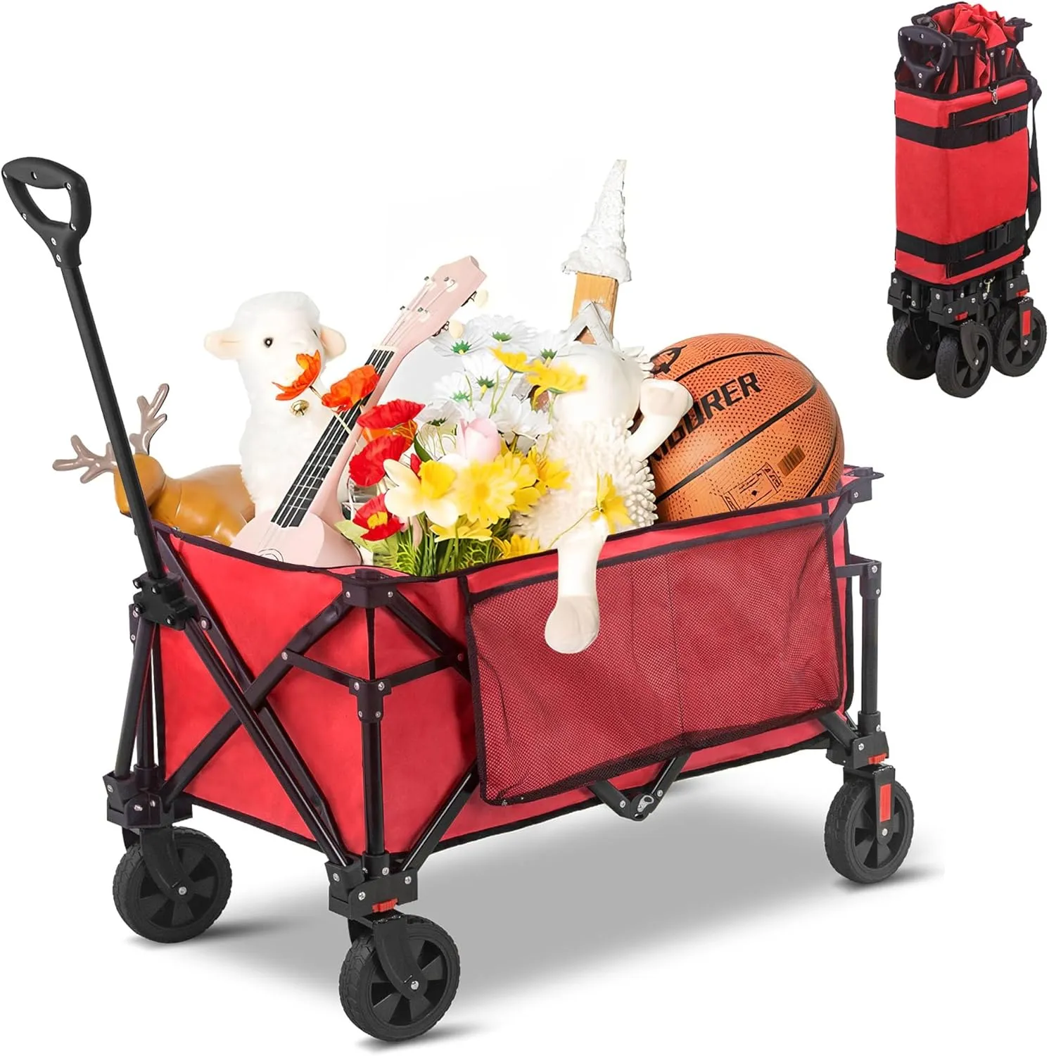 Collapsible Folding Wagon Cart, 220LBS Heavy Duty Foldable Utility Garden Cart with All Terrain Wheels & Side Storage Bag, Portable Sports Wagon for Camping, Shopping, Garden. (Red)