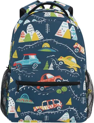 Colorful Racing Cars Backpack 3rd 4th 5th Grade School Bookbag Travel Laptop Daypack Bag Purse for Boys Girls Teens