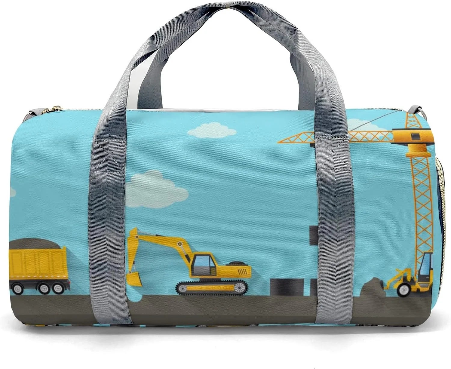 Construction Machinery on Blue Personalized Duffel Bag,Custom Travel Gym Bag with Name,Waterproof Sports Overnight Bag with Shoe Compartment & Shoulder Strap