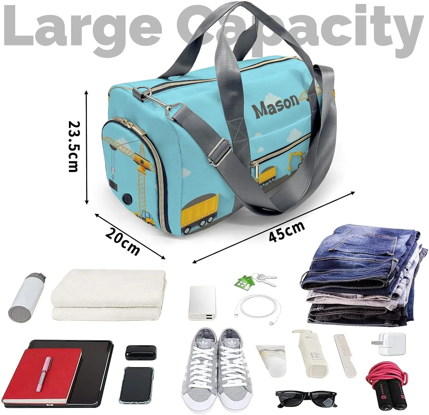 Construction Machinery on Blue Personalized Duffel Bag,Custom Travel Gym Bag with Name,Waterproof Sports Overnight Bag with Shoe Compartment & Shoulder Strap