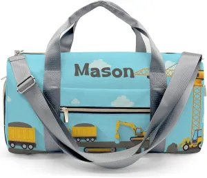 Construction Machinery on Blue Personalized Duffel Bag,Custom Travel Gym Bag with Name,Waterproof Sports Overnight Bag with Shoe Compartment & Shoulder Strap