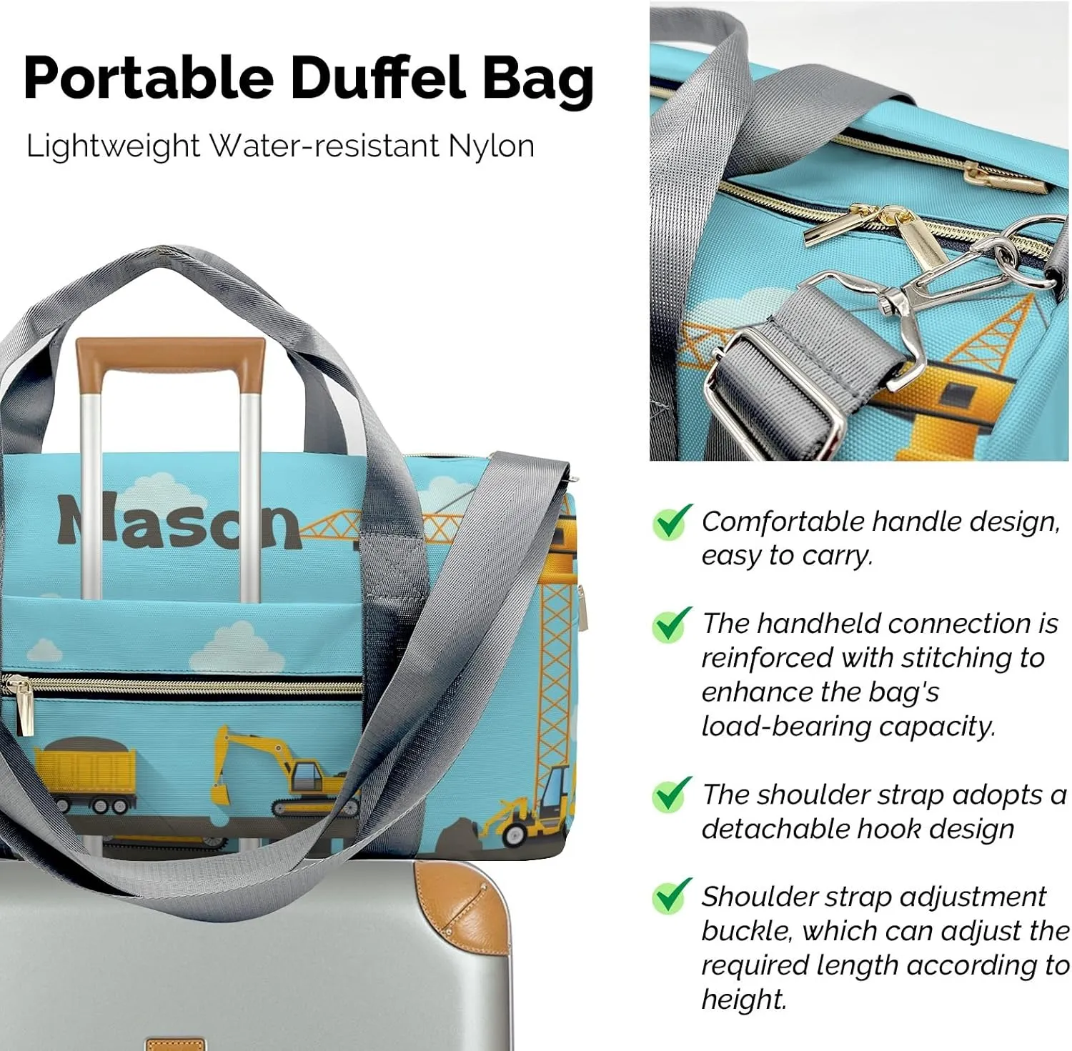 Construction Machinery on Blue Personalized Duffel Bag,Custom Travel Gym Bag with Name,Waterproof Sports Overnight Bag with Shoe Compartment & Shoulder Strap