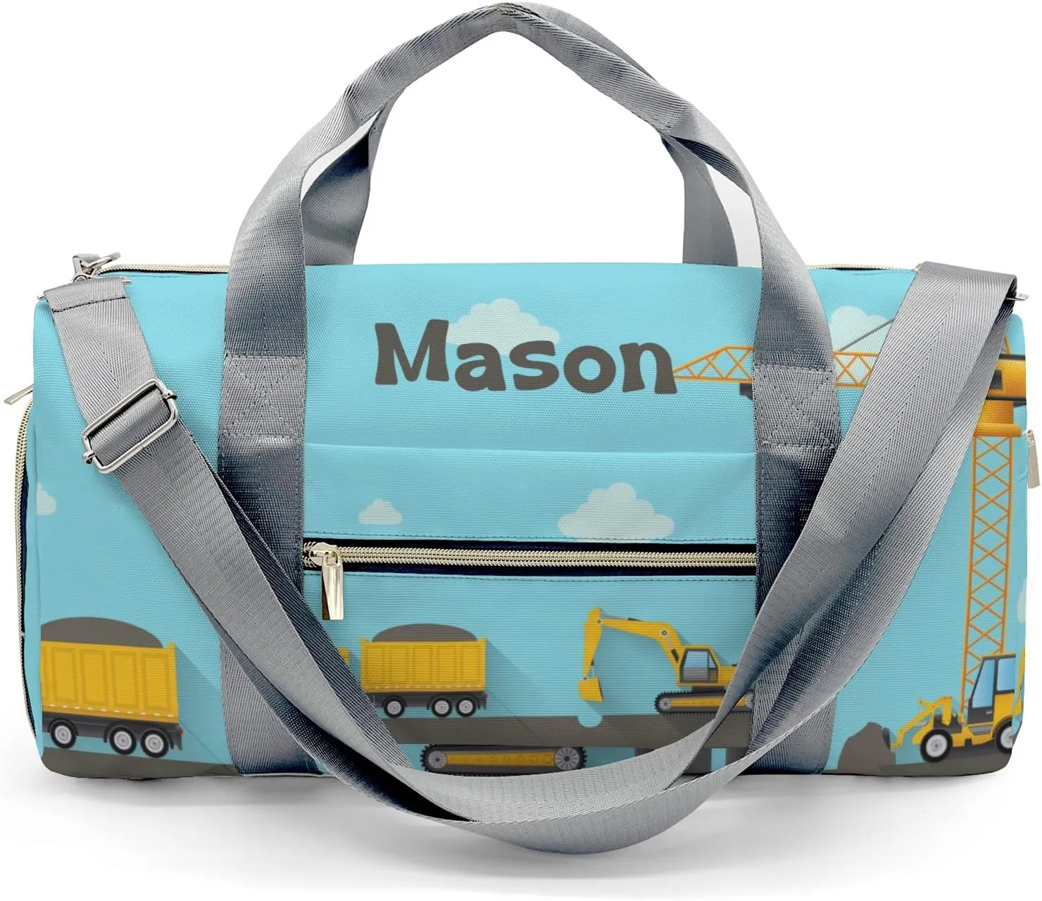 Construction Machinery on Blue Personalized Duffel Bag,Custom Travel Gym Bag with Name,Waterproof Sports Overnight Bag with Shoe Compartment & Shoulder Strap