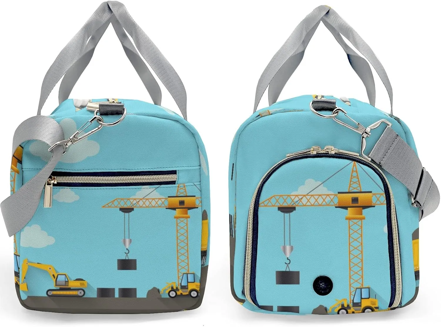 Construction Machinery on Blue Personalized Duffel Bag,Custom Travel Gym Bag with Name,Waterproof Sports Overnight Bag with Shoe Compartment & Shoulder Strap