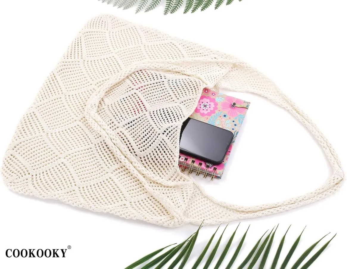 COOKOOKY Crochet Beach Tote bag Summer Beach Bag for Women Aesthetic Mesh Tote Bag Hippie Bag Knit Bag