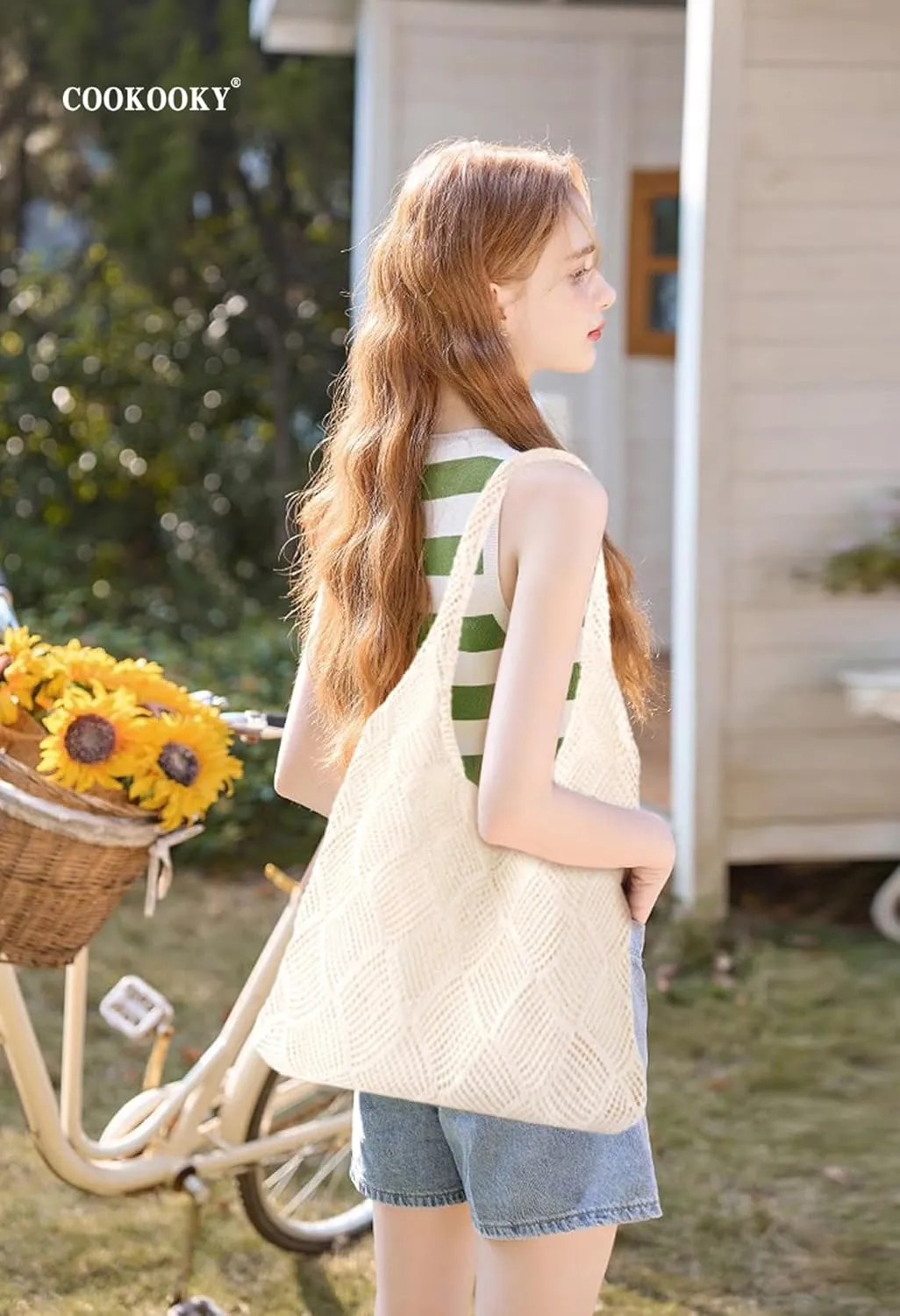 COOKOOKY Crochet Beach Tote bag Summer Beach Bag for Women Aesthetic Mesh Tote Bag Hippie Bag Knit Bag
