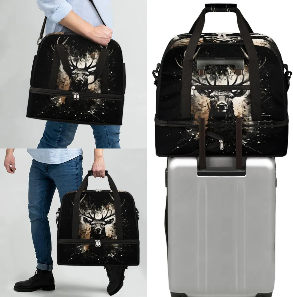 Cool Deer Print Foldable Travel Duffel Bag Overnight Weekender Bag with Shoes Compartment Sports Gym Bag for Men Women