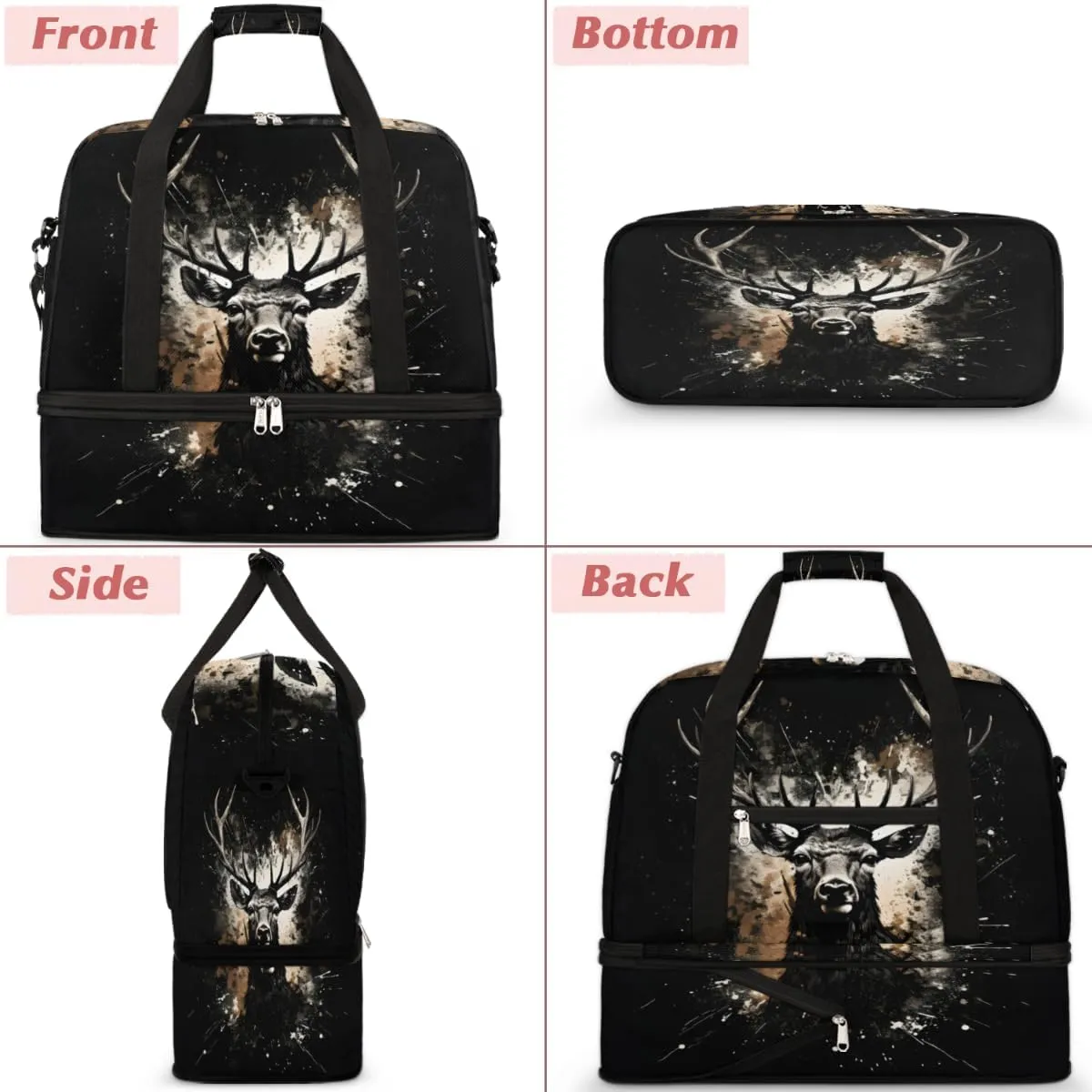 Cool Deer Print Foldable Travel Duffel Bag Overnight Weekender Bag with Shoes Compartment Sports Gym Bag for Men Women