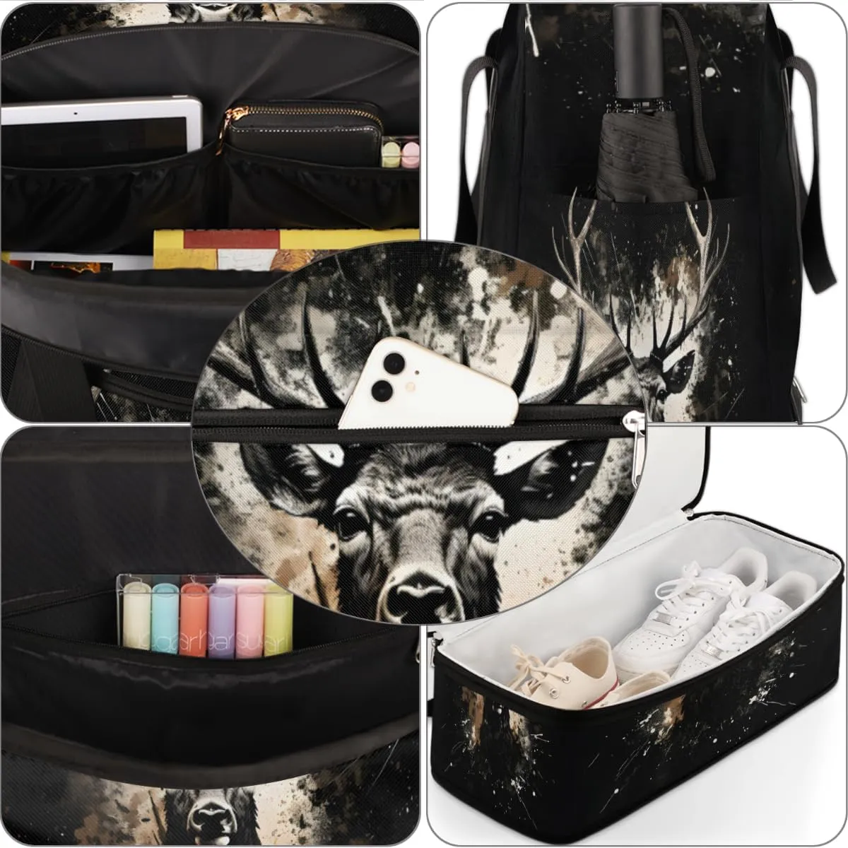 Cool Deer Print Foldable Travel Duffel Bag Overnight Weekender Bag with Shoes Compartment Sports Gym Bag for Men Women