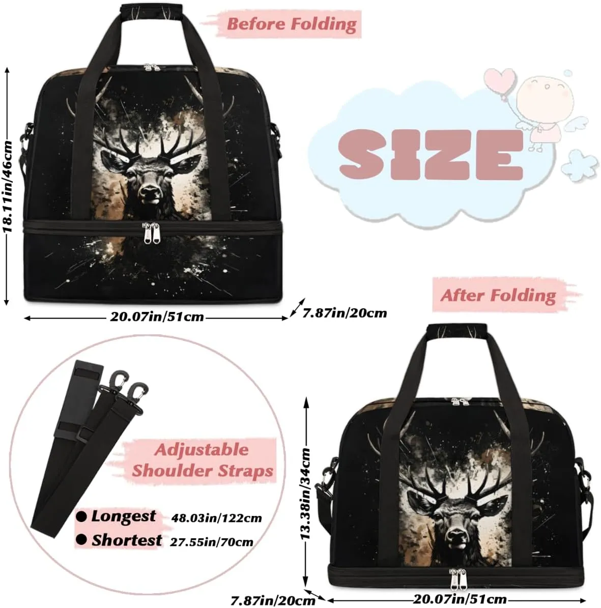 Cool Deer Print Foldable Travel Duffel Bag Overnight Weekender Bag with Shoes Compartment Sports Gym Bag for Men Women