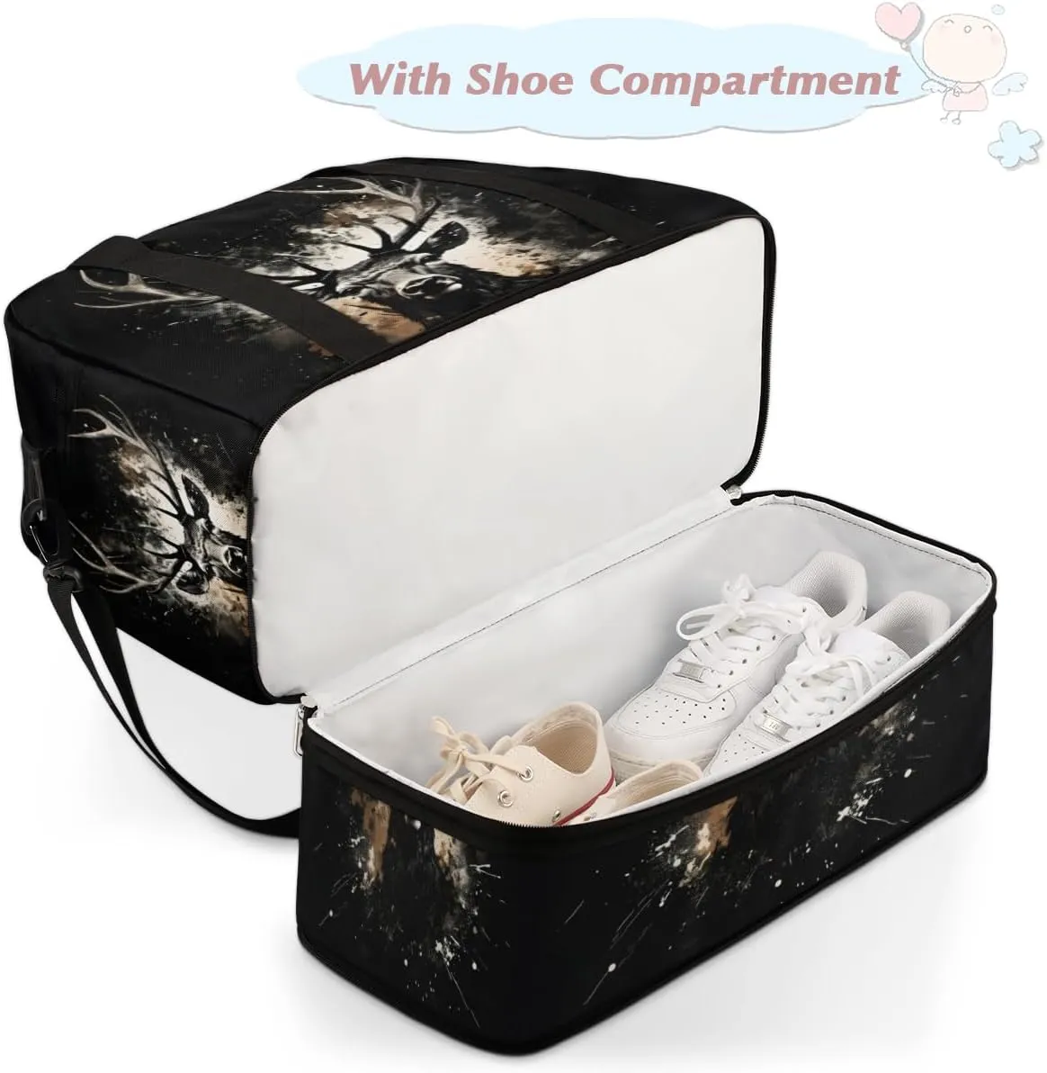 Cool Deer Print Foldable Travel Duffel Bag Overnight Weekender Bag with Shoes Compartment Sports Gym Bag for Men Women