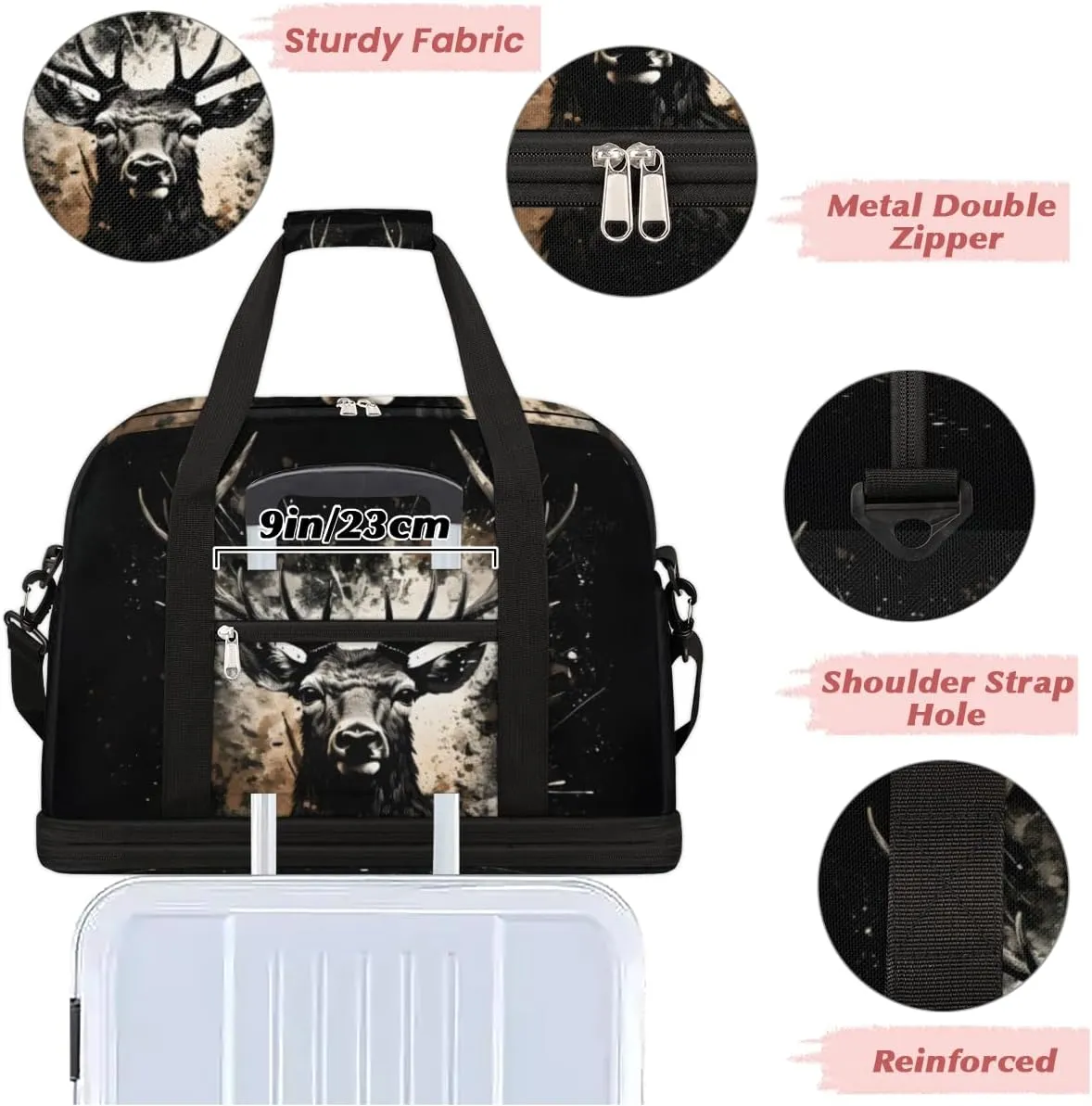 Cool Deer Print Foldable Travel Duffel Bag Overnight Weekender Bag with Shoes Compartment Sports Gym Bag for Men Women