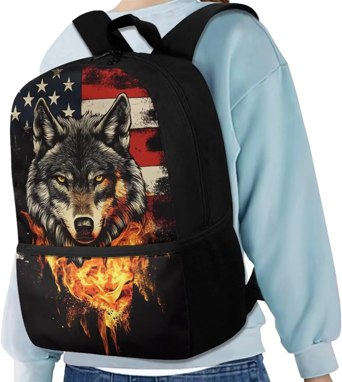 Cool Fire Wolf Backpack for Girls School Bag with Lunch Bag Pencil Case Water Bottle Holder Large Capacity American Flag Schoolbag 4 Piece Elementary School Bags Set