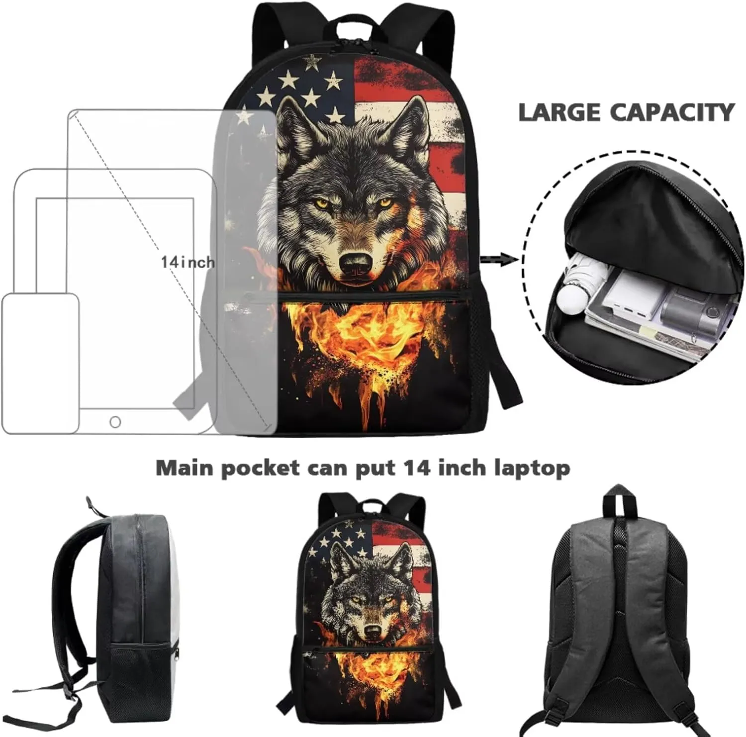 Cool Fire Wolf Backpack for Girls School Bag with Lunch Bag Pencil Case Water Bottle Holder Large Capacity American Flag Schoolbag 4 Piece Elementary School Bags Set
