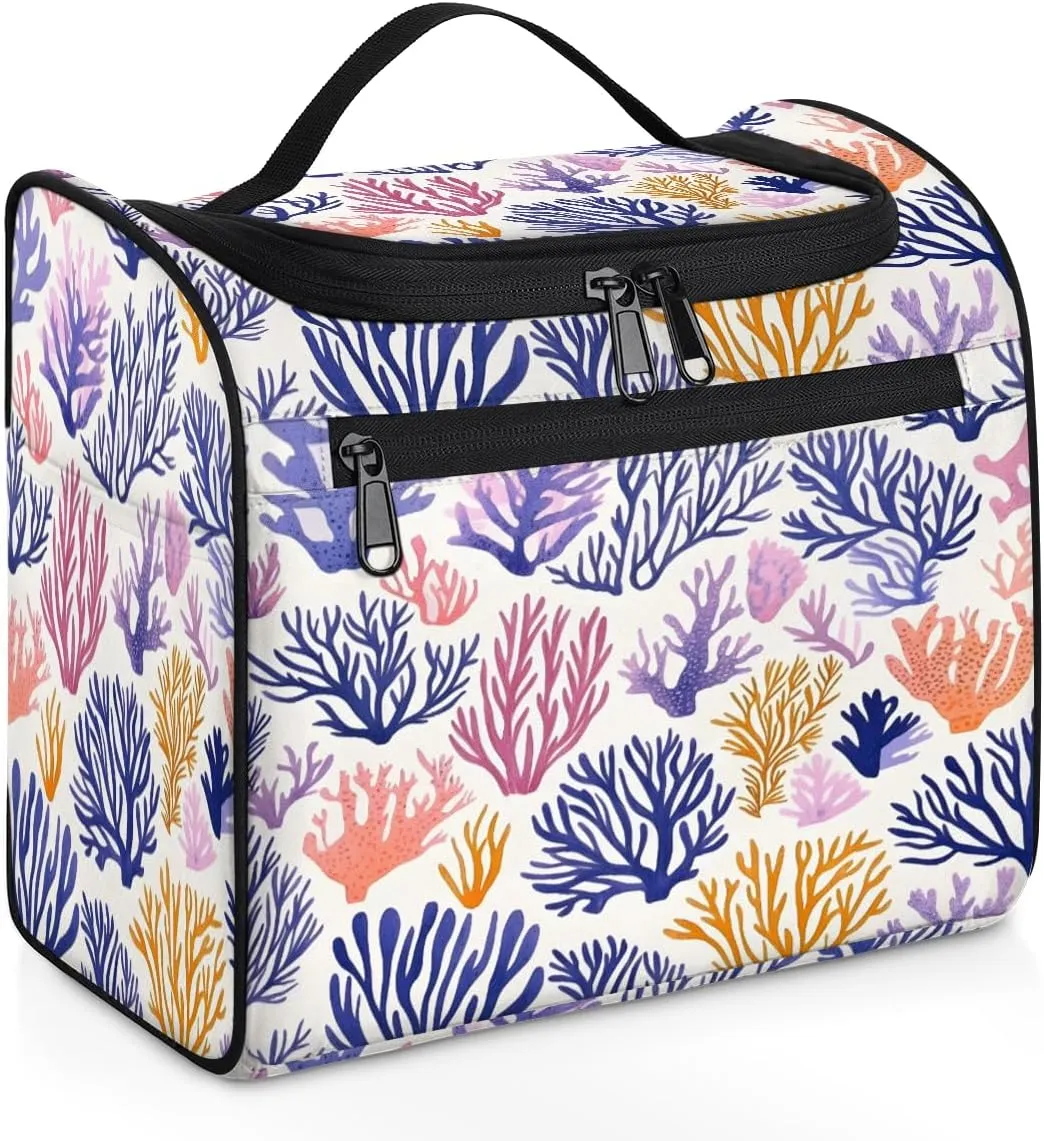 Coral Beach Travel Toiletry Bag for Women Large Capacity Wide-open Makeup Organizer Cosmetic Travel Bags for Toiletries, Ocean Coastal