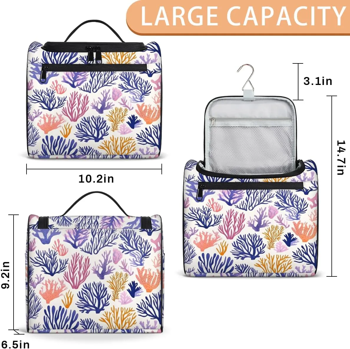 Coral Beach Travel Toiletry Bag for Women Large Capacity Wide-open Makeup Organizer Cosmetic Travel Bags for Toiletries, Ocean Coastal