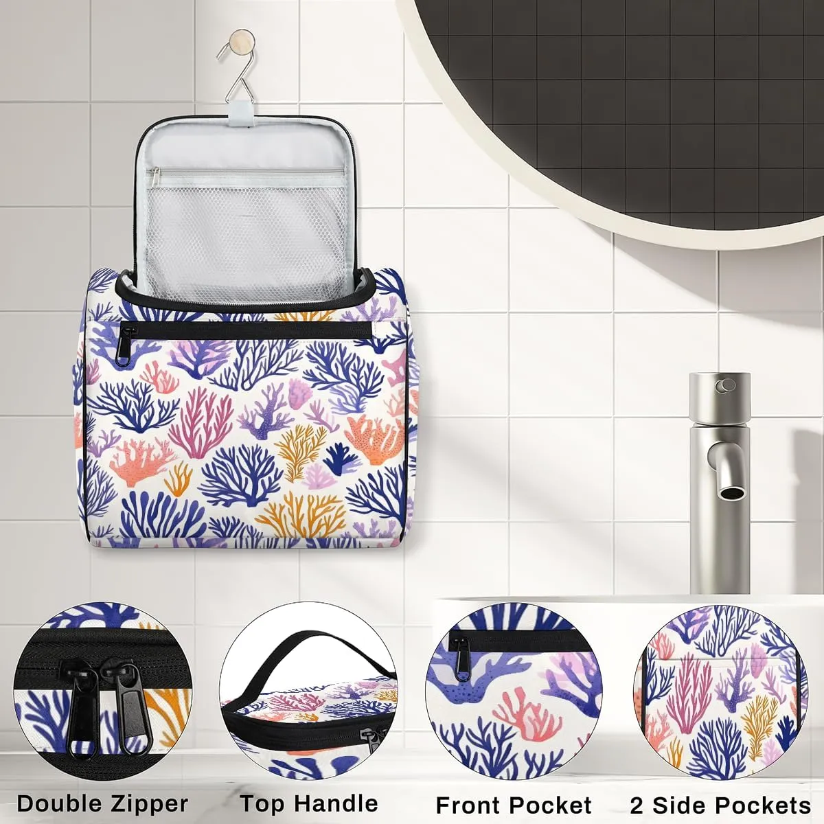 Coral Beach Travel Toiletry Bag for Women Large Capacity Wide-open Makeup Organizer Cosmetic Travel Bags for Toiletries, Ocean Coastal