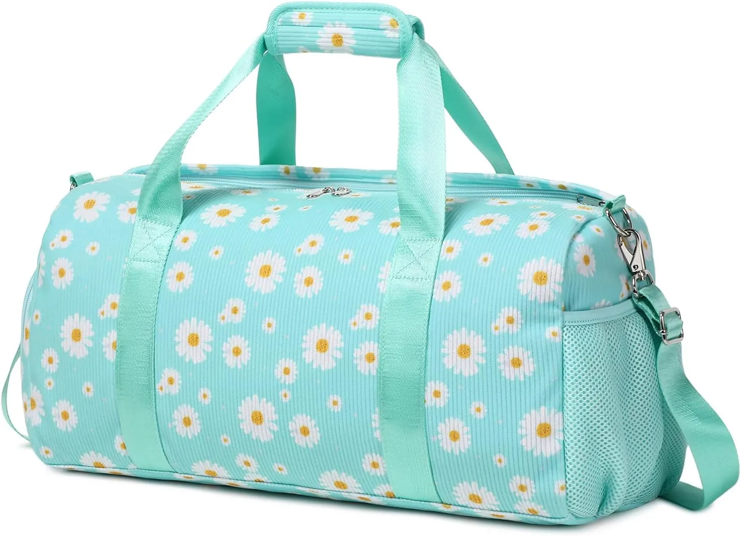 Corduroy Dance Gym Sports Duffle Ballet Weekender Overnight Yoga Cheer Bag for Girls Teen Women with Separate Dry Wet Pocket and Shoes Compartment (Green Daisy)