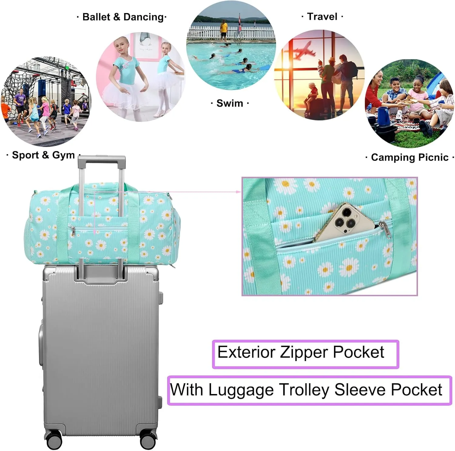 Corduroy Dance Gym Sports Duffle Ballet Weekender Overnight Yoga Cheer Bag for Girls Teen Women with Separate Dry Wet Pocket and Shoes Compartment (Green Daisy)