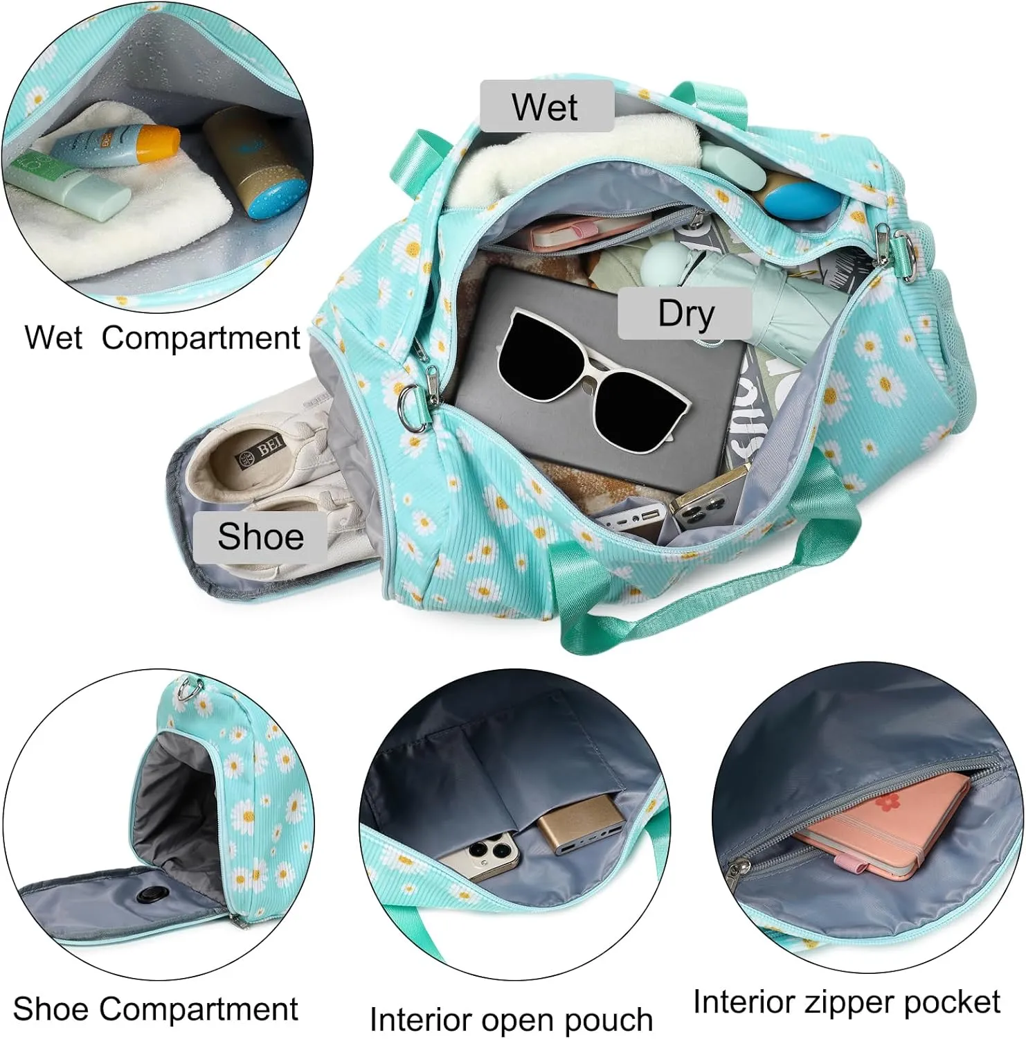 Corduroy Dance Gym Sports Duffle Ballet Weekender Overnight Yoga Cheer Bag for Girls Teen Women with Separate Dry Wet Pocket and Shoes Compartment (Green Daisy)