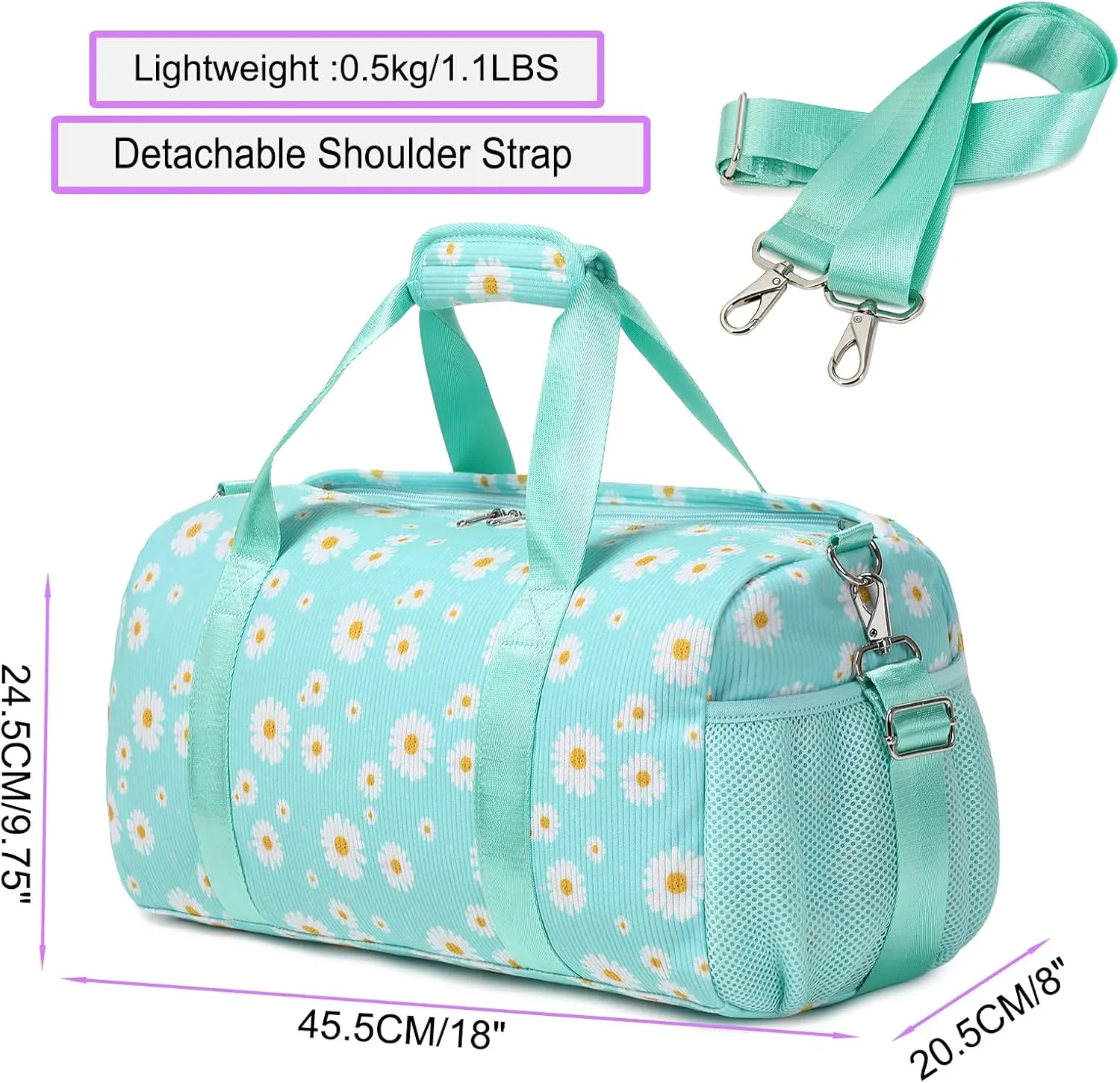 Corduroy Dance Gym Sports Duffle Ballet Weekender Overnight Yoga Cheer Bag for Girls Teen Women with Separate Dry Wet Pocket and Shoes Compartment (Green Daisy)