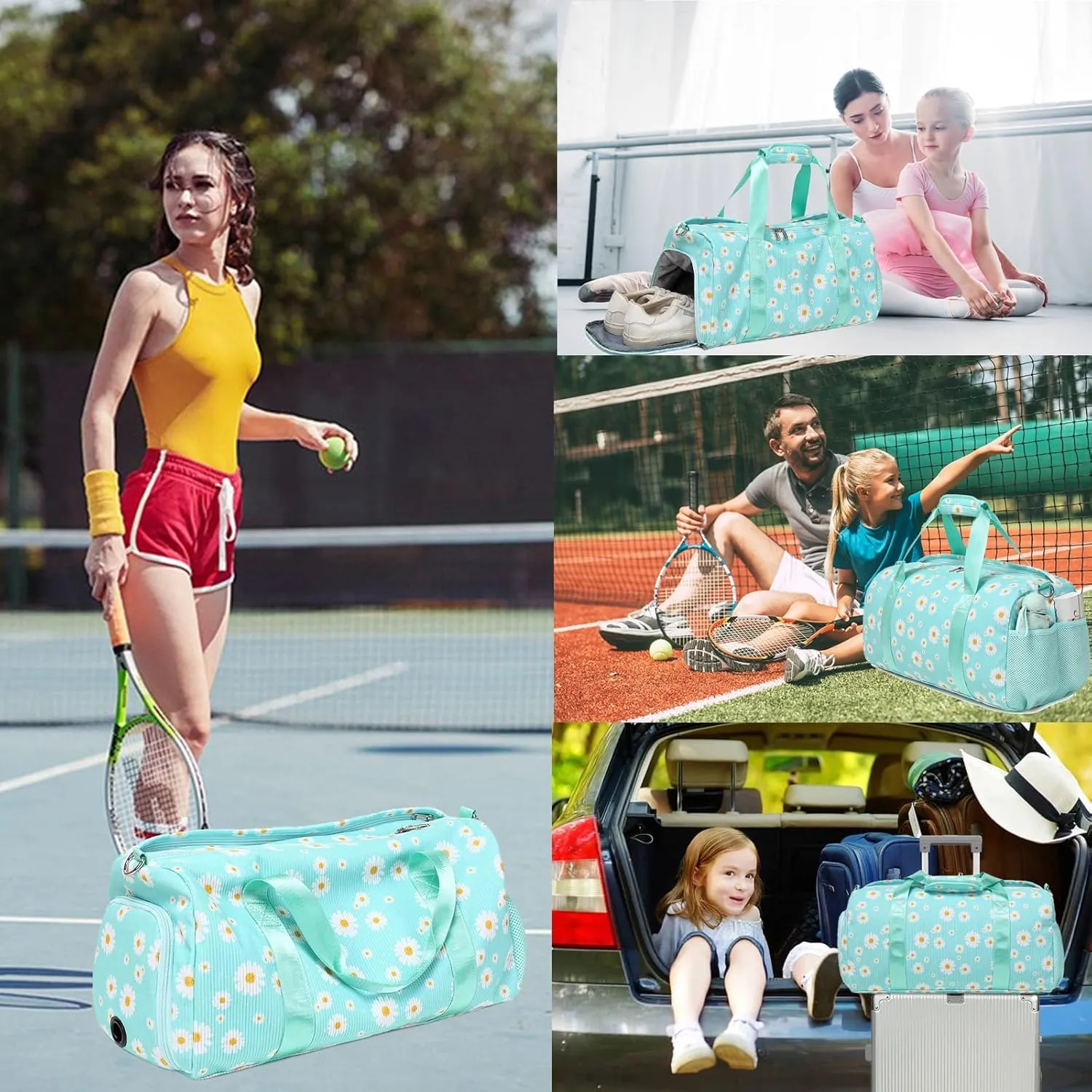 Corduroy Dance Gym Sports Duffle Ballet Weekender Overnight Yoga Cheer Bag for Girls Teen Women with Separate Dry Wet Pocket and Shoes Compartment (Green Daisy)